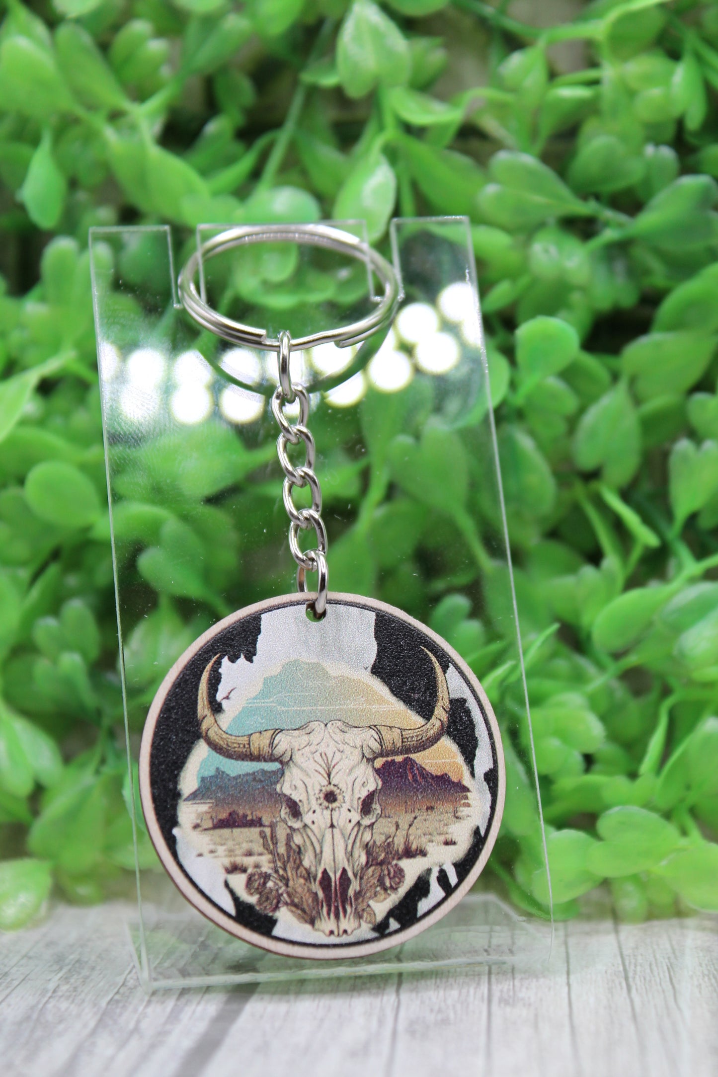 Steer Skull on Cow Print Wooden Keychain