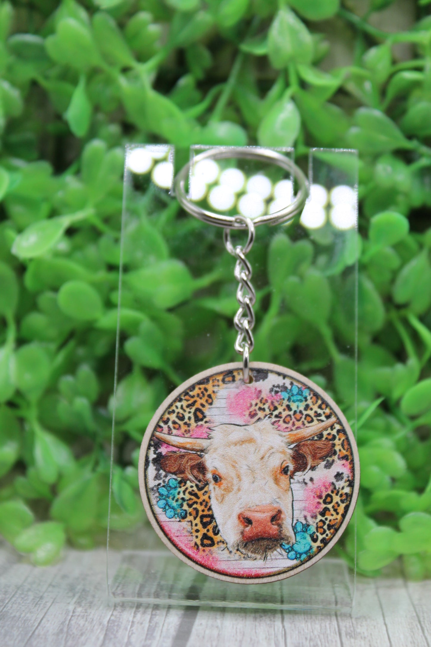 Cow on Leopard Pink and Turquoise Wooden Keychain