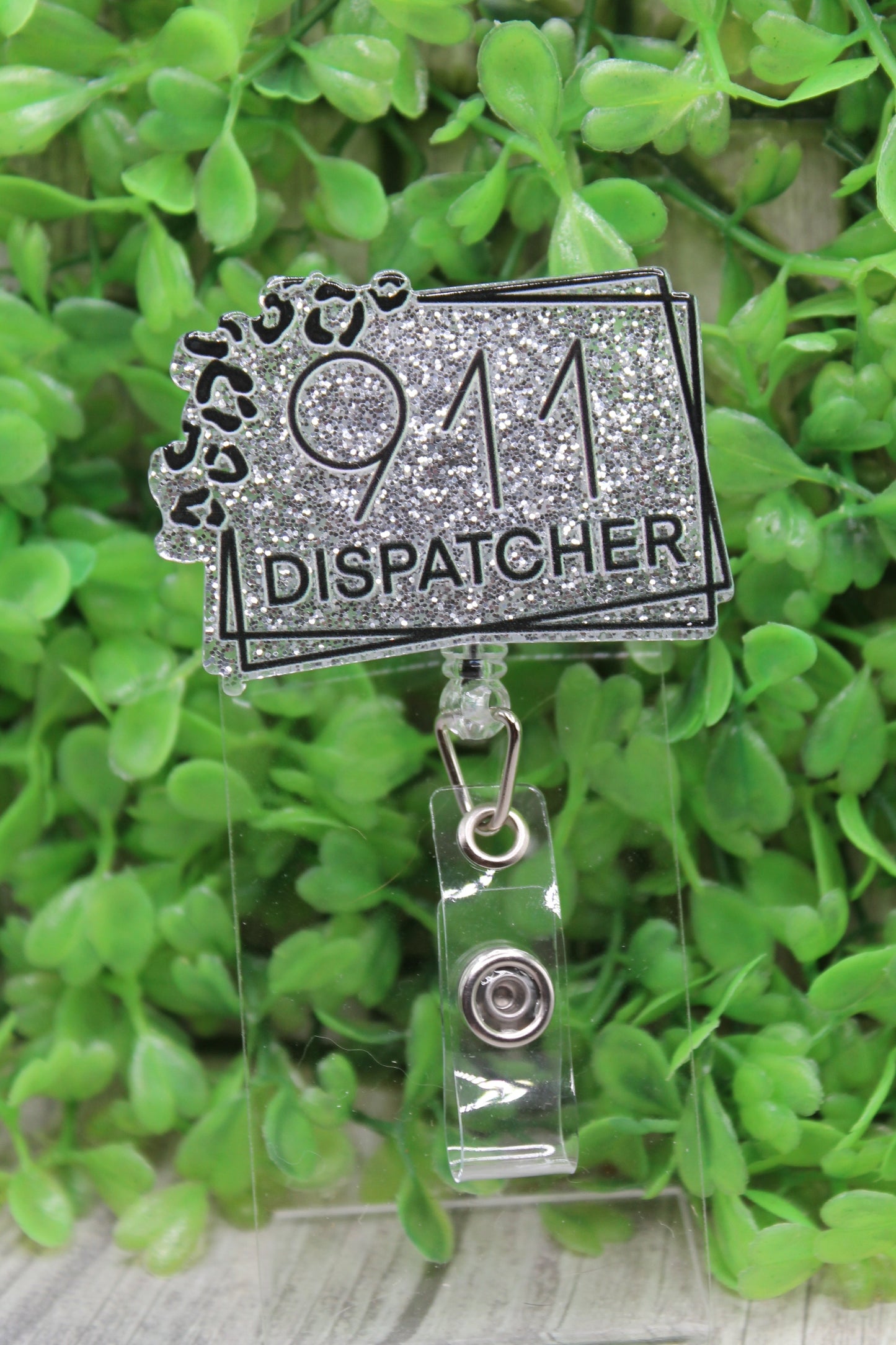 911 Dispatcher Silver Glitter Badge/ID Holder Reel