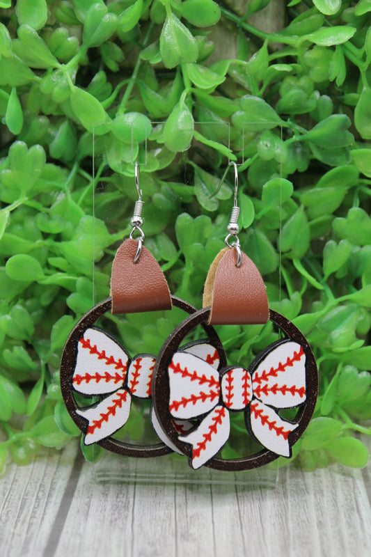 Baseball Bow Circle Wooden Dangle Earrings
