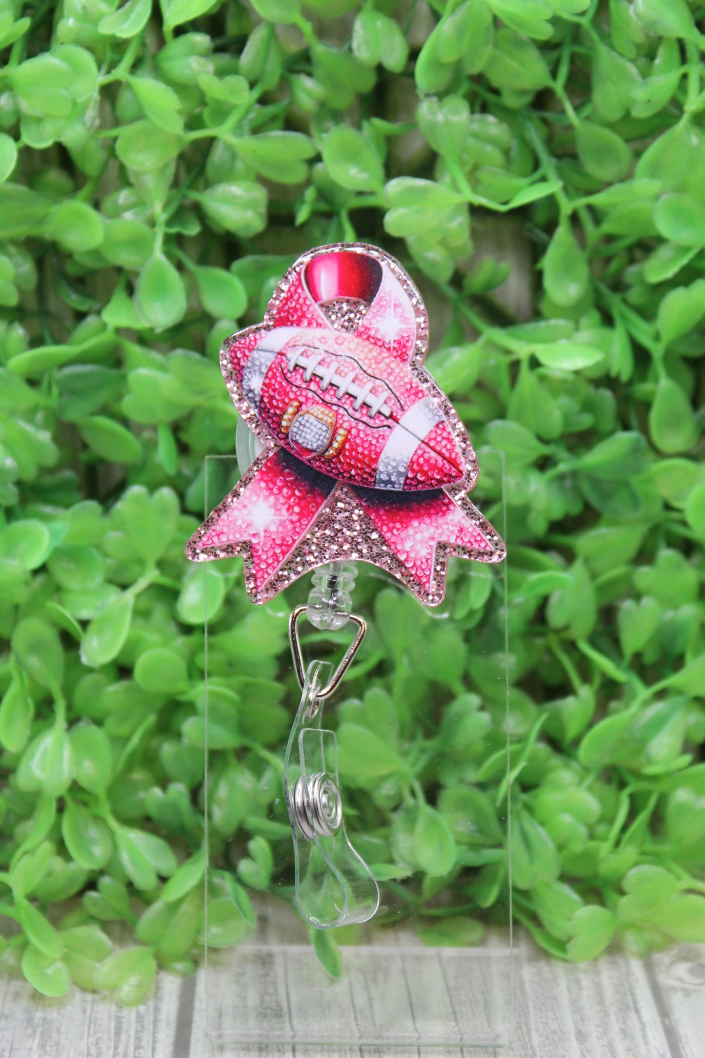 Breast Cancer Ribbon Football Badge/ID Holder Reel