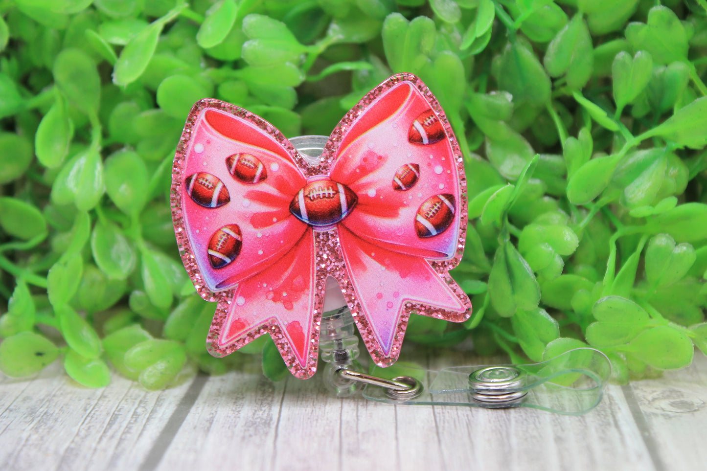 Pink Football Bow Badge/ID Holder Reel