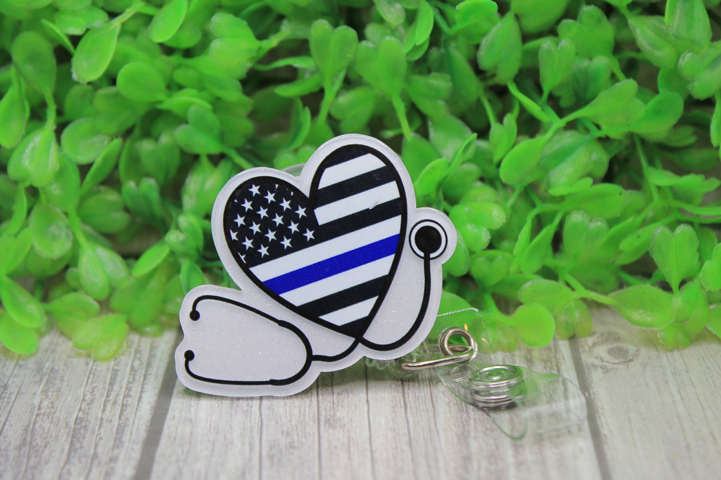 Blue Line Flag Stethoscope Heart Badge/ID Holder Reel