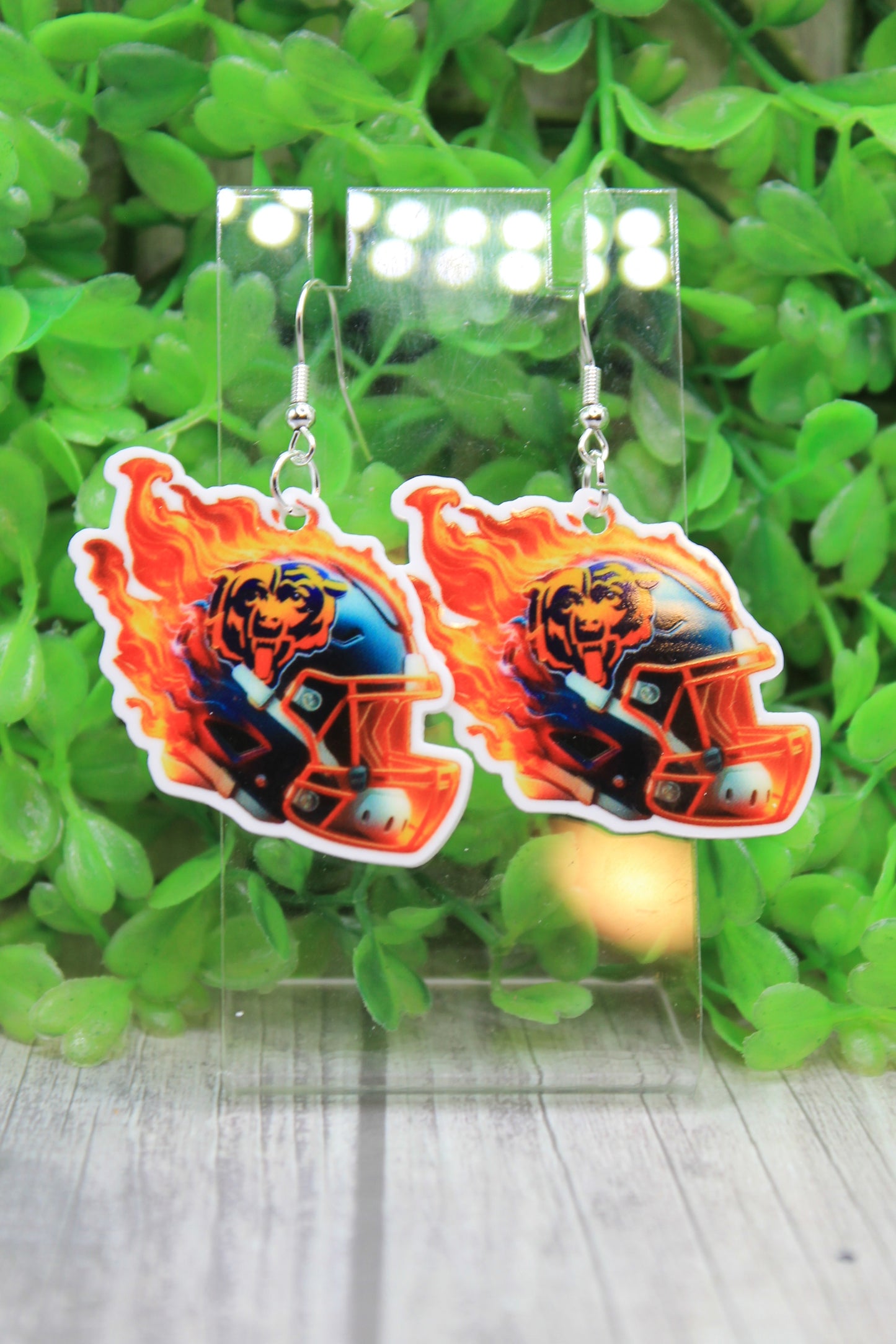 Chicago Bears Fire Football Helmet Dangle Earrings