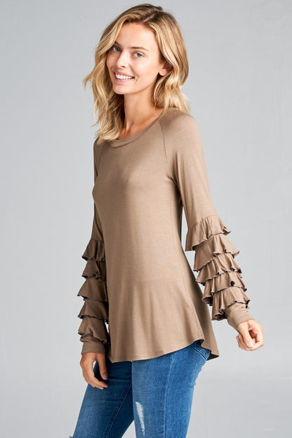 MINI TIERED RUFFLE LONG SLEEVE ROUND NECK TOP