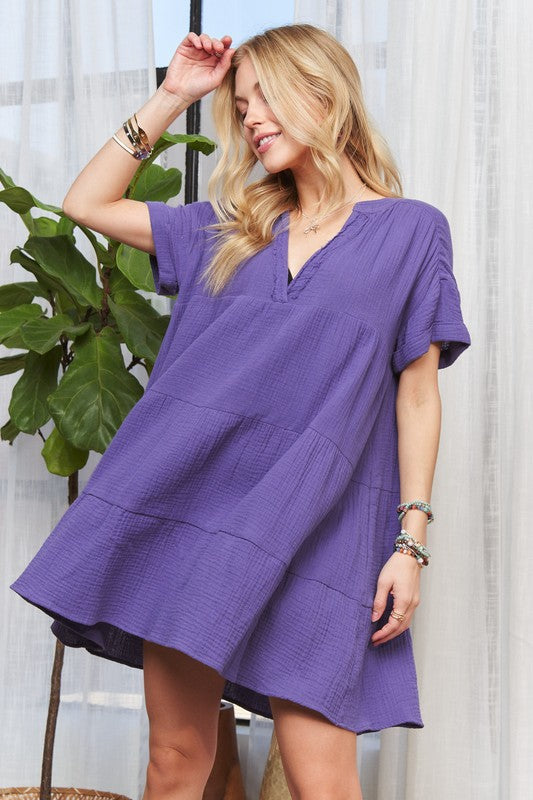 ADORA Tiered Notched Short Sleeve Dress