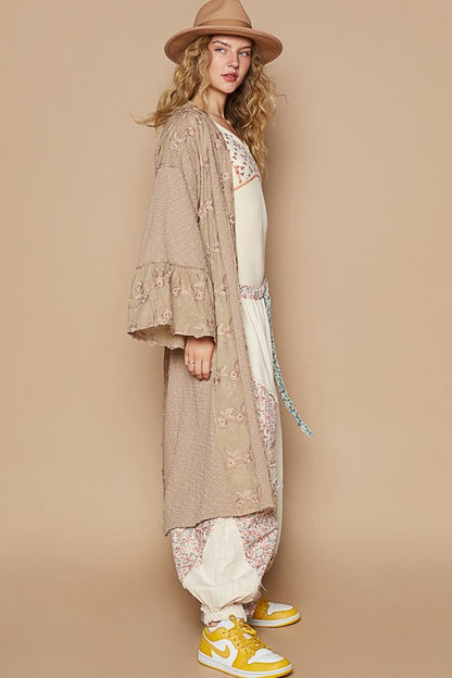 POL Flower Lace Trim Open Front Longline Cardigan