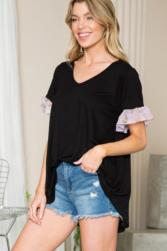 Ruffle Sleeve Contrast V Neck