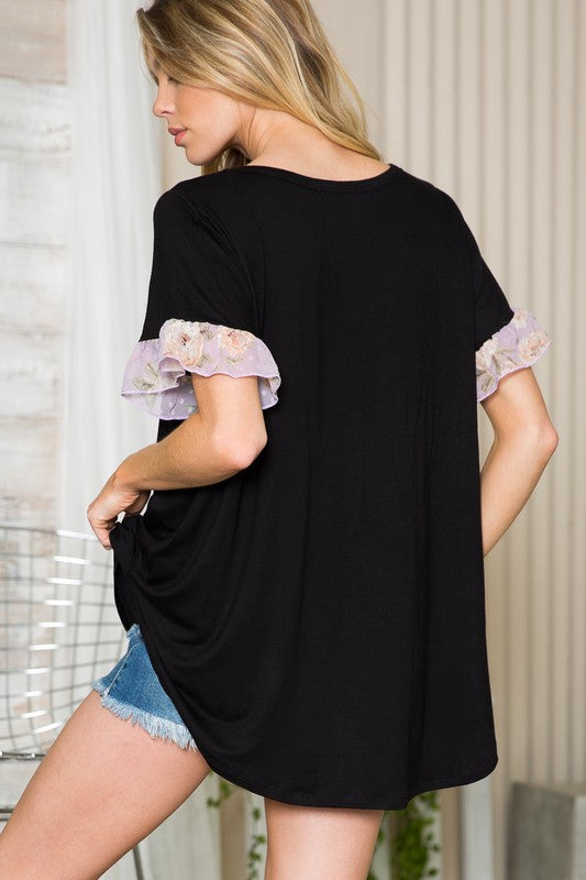 Ruffle Sleeve Contrast V Neck