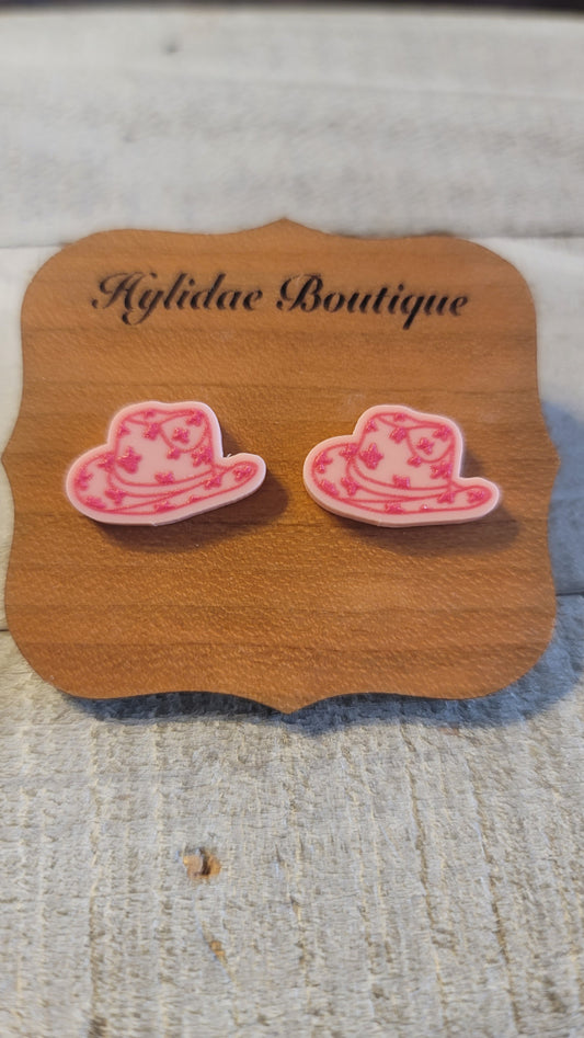 Pink Cow Girl Hats || 14mm Stud Earrings || Hypoallergenic