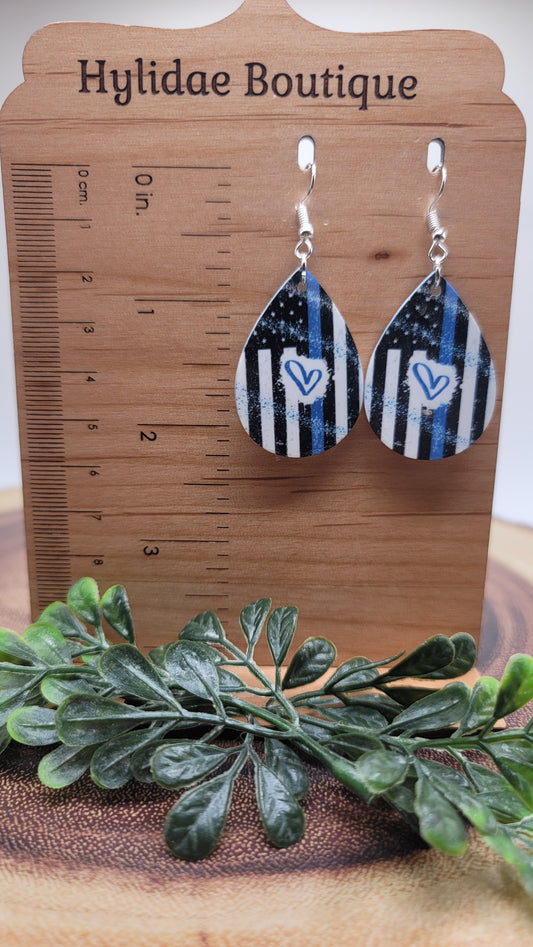 Blue Line Flag Teardrop || Dangle Earrings