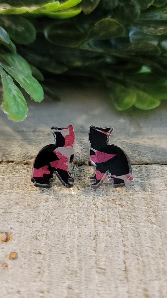 Pink Camo Cats || 14mm Stud Earrings || Hypoallergenic