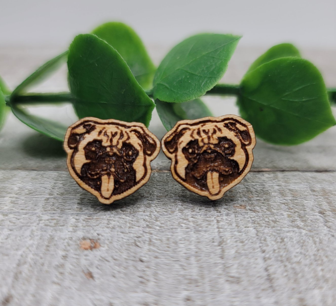 Pug Dog Breed || Wood Stud Earrings || Hypoallergenic