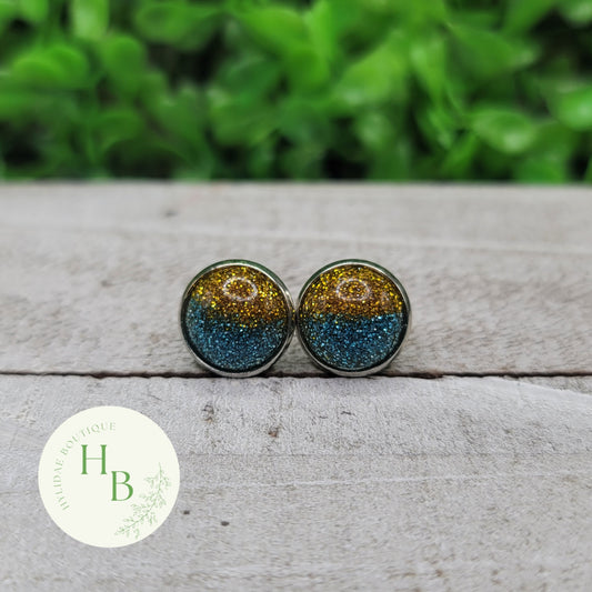 Gold & Blue Glitter Dome Stud Earrings