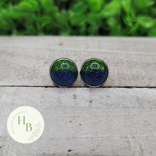 Green & Blue Glitter Dome Stud Earrings