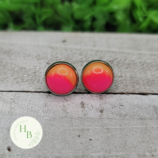 Neon Pink & Yellow Shimmer Dome Stud Earrings