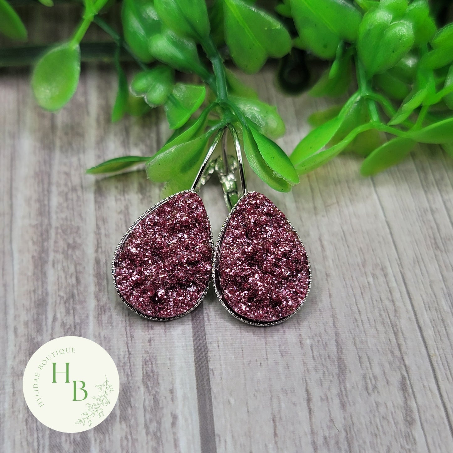 Mauve Sparkle Druzy Teardrop French Lever Earrings