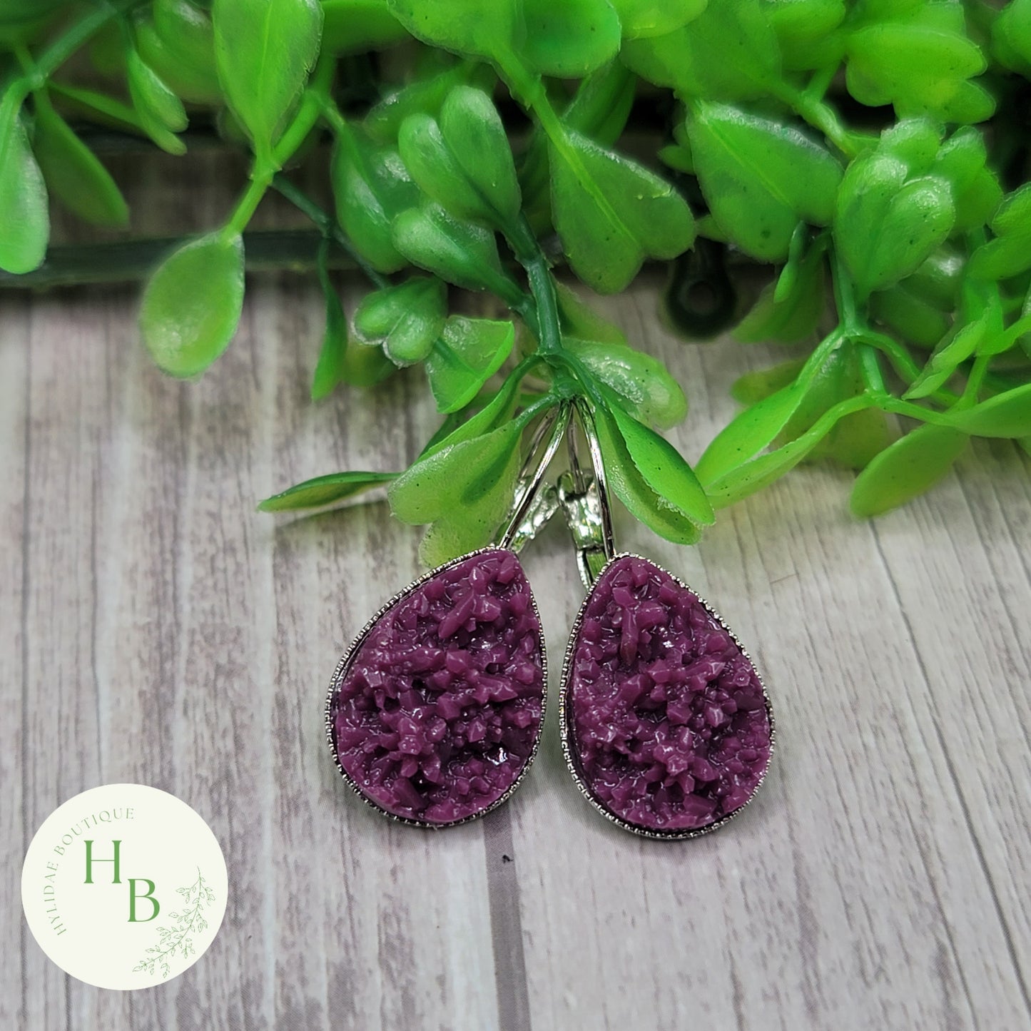 Plum Druzy Teardrop French Lever Earrings