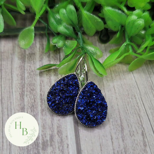 Blue Sparkle Druzy Teardrop French Lever Earrings