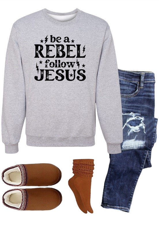 Be A Rebel Follow Jesus Crew Graphic Sweatshirt