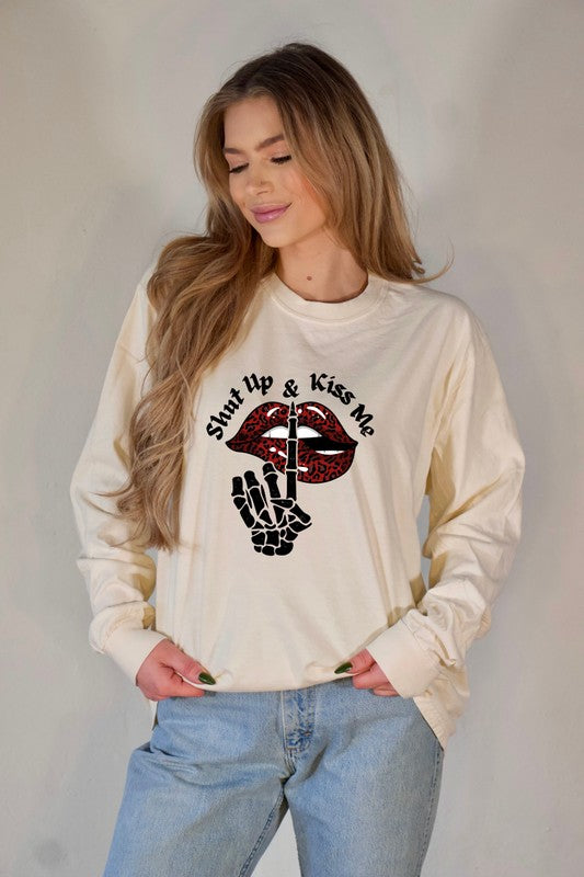 Shut Up and Kiss Me Graphic Long Sleeve Tee Shirt {Ships in 3-5 Business Days}