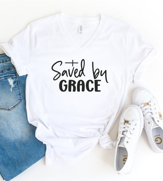 Saved By Grace V-Neck Graphic Tee {Ships in 3-5 Business Days}