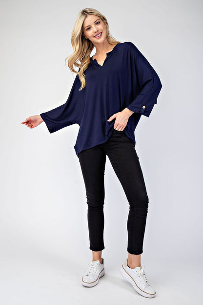 Celeste Full Size Notched Three-Quarter Sleeve Blouse