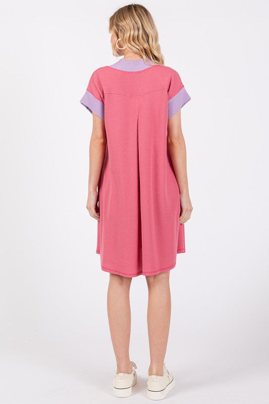 Ces Femme Contrast Trim V-Neck Short Sleeve Dress