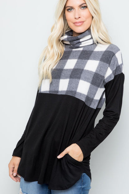 Celeste Full Size Pocketed Plaid Turtleneck Long Sleeve Blouse