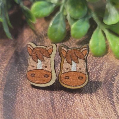 Painted Horse Face | Wood Stud Earrings