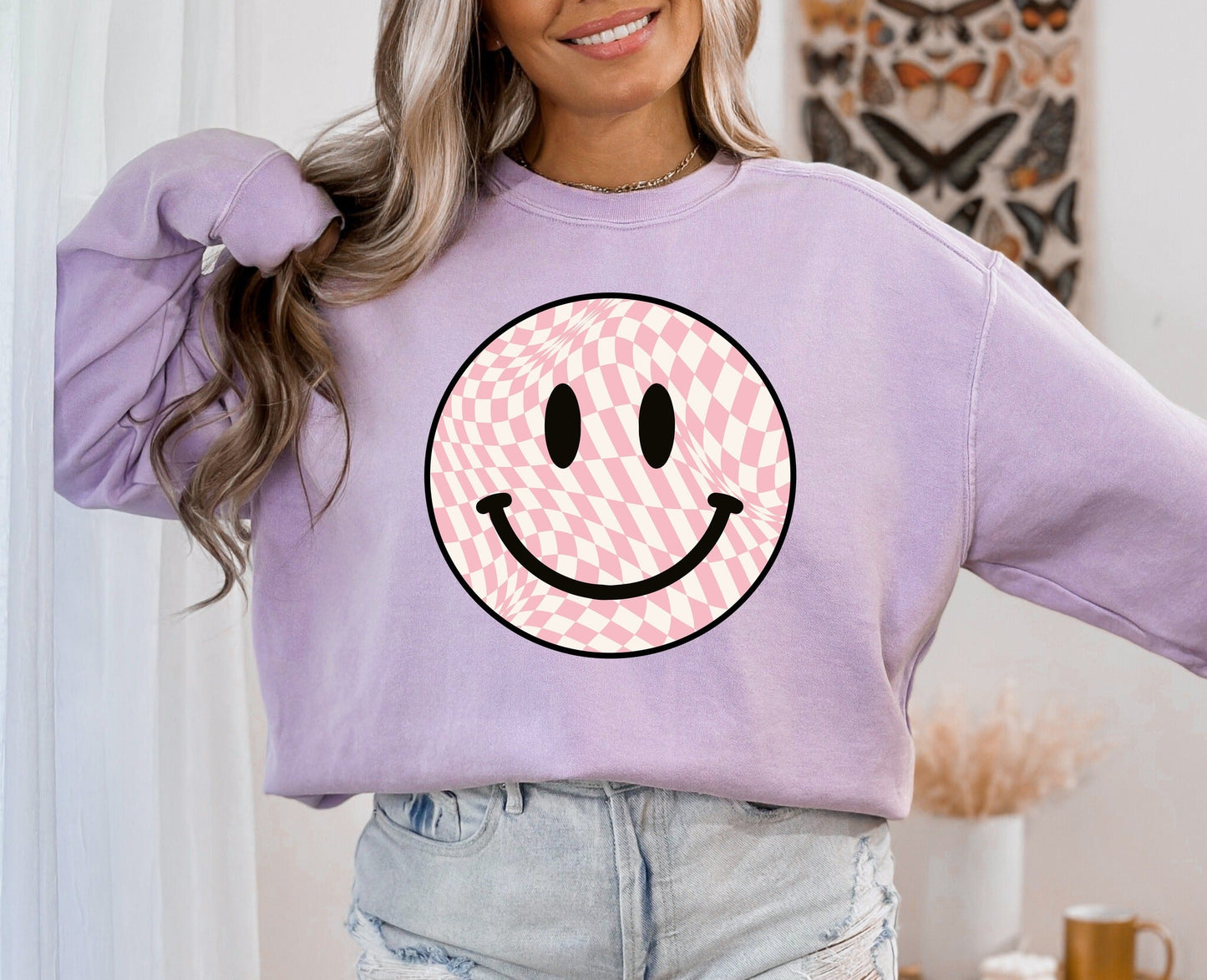 Smile Pink Checkered Groovy Orchid Comfort Colors Long Sleeve  {Ships in 7-14 Bus. Days}