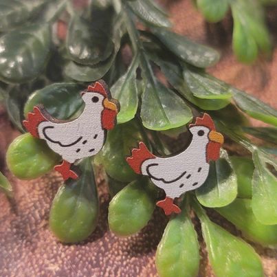 Painted Chicken | Wood Stud Earrings