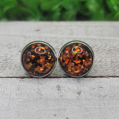 Orange and Black Confetti Dome Stud Earrings