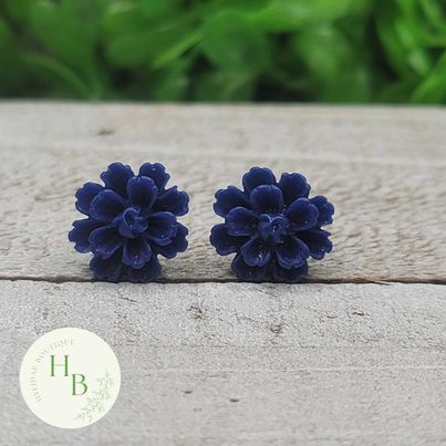 Navy Blue Flower Stud Earrings