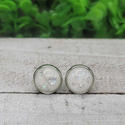 White with Silver Foil Flakes Dome Stud Earrings