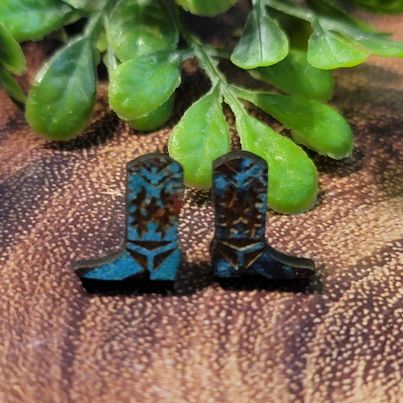 Engraved Rustic Copper Cowboy Boots | Wood Stud Earrings