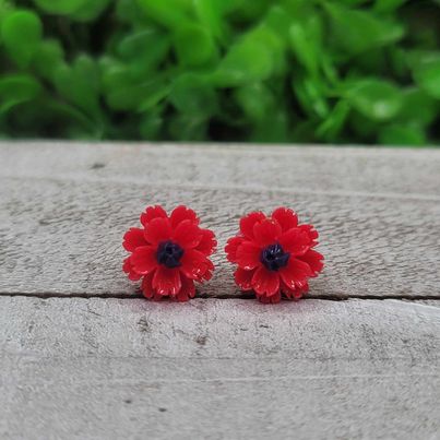 Red Flower with Navy Blue Center Stud Earrings