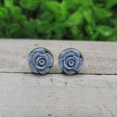 Blue-Gray Rose Stud Earrings