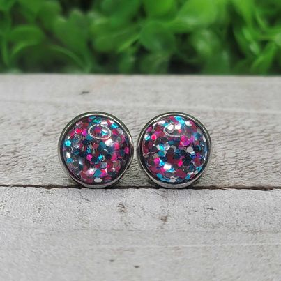 Pink, Silver and Blue Confetti Dome Stud Earrings