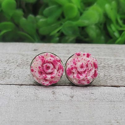 Pink and White Rose Stud Earrings