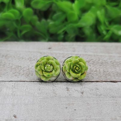 Green and White Rose Stud Earrings