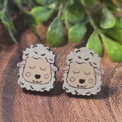 Painted Sheep Face | Wood Stud Earrings