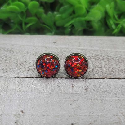 Red, Blue and Gold Confetti Dome Stud Earrings