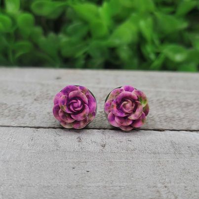 Purple and Green Rose Stud Earrings