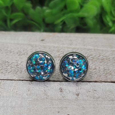 Blue and Silver Confetti Dome Stud Earrings