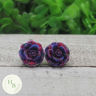 Pink and Purple Rose Stud Earrings