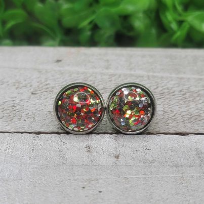 Red, Green and Silver Confetti Dome Stud Earrings