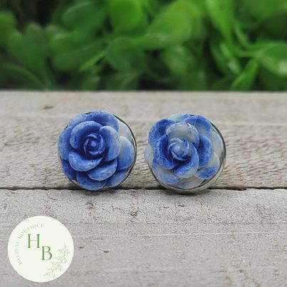 Blue and White Rose Stud Earrings