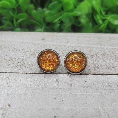 Orange with Gold Foil Dome Stud Earrings