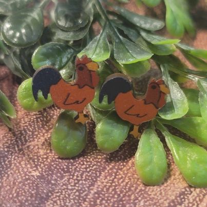 Painted Rooster | Wood Stud Earrings